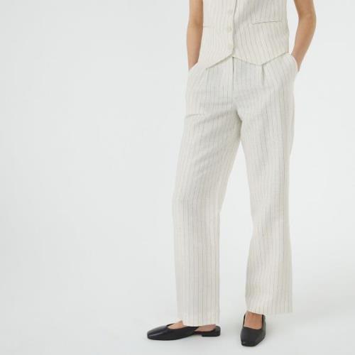 Pantalon droit à rayures banquier, en lin et coton