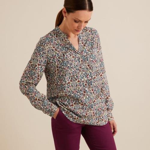 Blouse col V, imprimé floral, manches longues