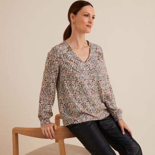 Blouse col V, imprimé floral, manches longues